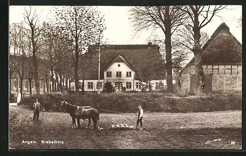 AK Brebelholz, Ortspartie mit Bauer und Pferdegespann