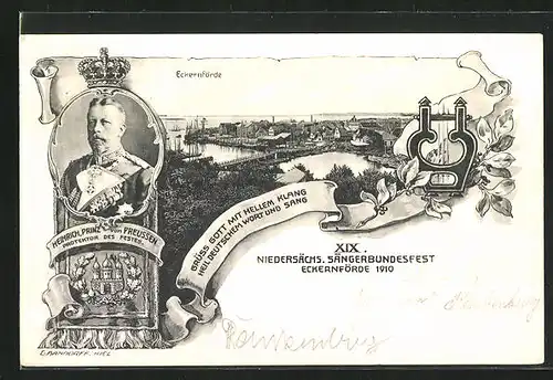 AK Eckernförde, XIX. Niedersächs. Sängerbundesfest 1910, Totalansicht mit Fluss