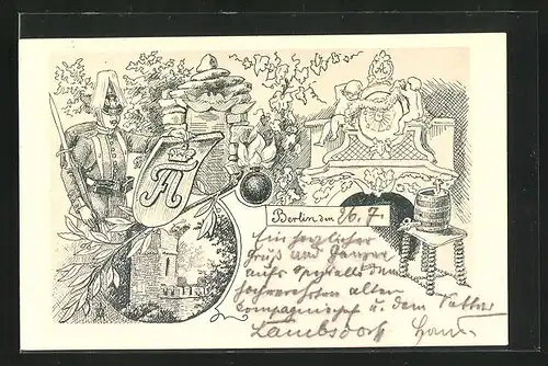 AK Berlin, Soldat in Uniform mit Regiments-Wappen