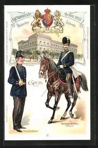 Lithographie Fuss-Artillerist und Offizier der Reitenden Artillerie der Kgl. Hannoverschen Armee 1866 in Uniform