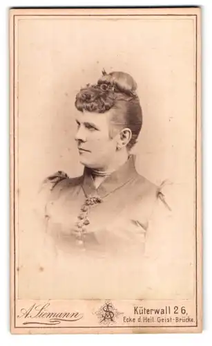 Fotografie A. Siemann, Hamburg, Küterwall 26, Portrait Dame im Biedermeierkleid mit Hochsteckfrisur und Puffärmeln