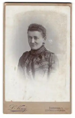 Fotografie L. Kny, Ebersbach i. S., neben Hotel Stadt Zittau, Portrait Frau im bestickten Kleid mit Locken