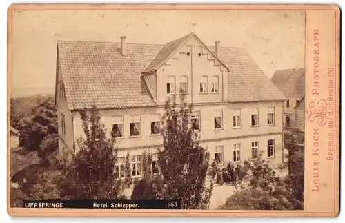 Fotografie Louis Koch, Bremen, auf der Brake 20, Ansicht Lippspringe, Blick auf die Front des Hotel Schlepper