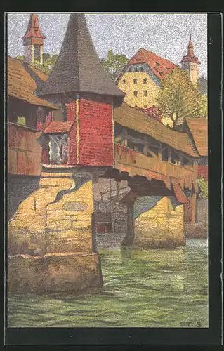 Künstler-AK Ernst E. Schlatter: Luzern, Totentanzbrücke