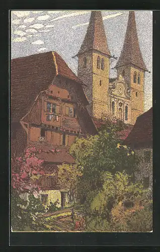 Künstler-AK Ernst E. Schlatter: Luzern, Hofkirche mit dem alten Kaplanhaus