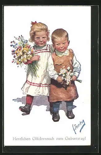 Künstler-AK Karl Feiertag: Kinderpaar mit Blumen, Geburtstagsgruss