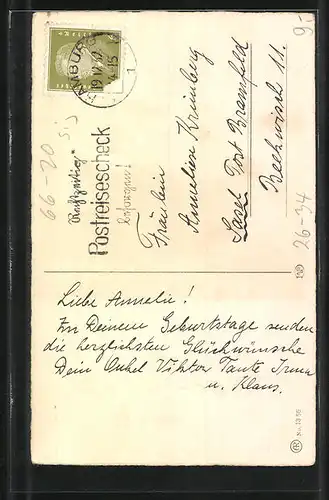 Künstler-AK Pauli Ebner: Kind im Karren und Vogel, Geburtstagsgruss