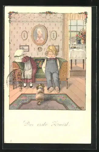 Künstler-AK Pauli Ebner: Der erste Zwist, Streitende Kinder mit Hund