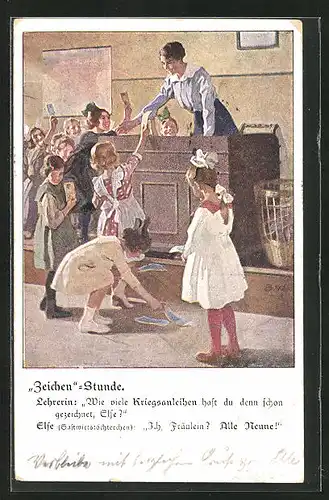 Künstler-AK Brynolf Wennerberg: Zeichen-Stunde, Kinder zeichnen Kriegsanleihen