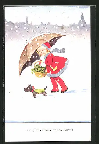 Künstler-AK John Wills: Mädchen mit Schirm und Hund im Schnee, Neujahrsgruss