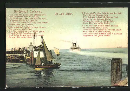 AK Cuxhaven, Alte Liebe mit Seegelbooten und Dampfer