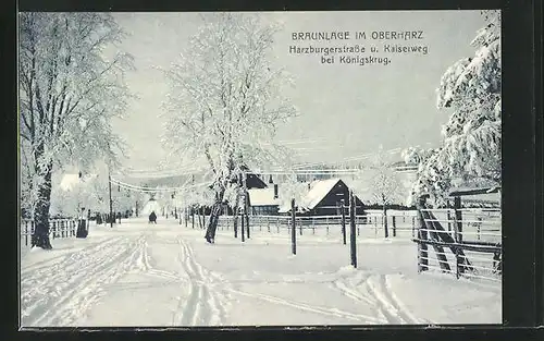 AK Braunlage, Harzburger Strasse und Kaiserweg bei Königskrug im Winter