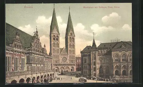 AK Bremen, Marktplatz mit Rathaus, Dom und Börse