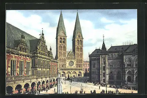 AK Bremen, Martplatz mit Rathaus, Dom und Börse