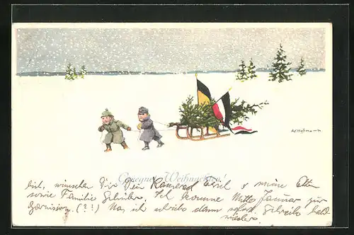 Künstler-AK Ad. Hoffmann: Soldaten im Schnee mit Schlitten