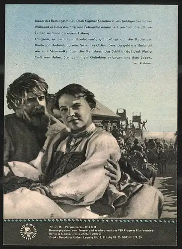 Filmprogramm PFI Nr. 7 /56, Im Eismeer verschollen, N. Krjutschkow, M. Kusnezow, G. Judin, Regie: J. Jegorow