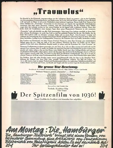 Filmprogramm HJ, Traumulus, Hilde Weissner, Herbert Hübner, Harald Paulsen, Regie Carl Froelich