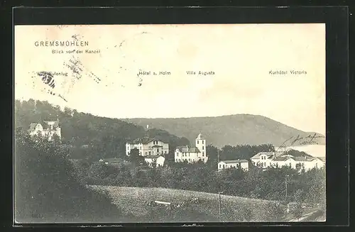 AK Gremsmühlen, Blick von der Kanzel mit Villa Eulenlug, Hotel a. Holm, Villa Auguste und Kurhotel Victoria