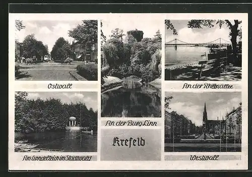 AK Krefeld, Ostwall, Westwall, Rheinallee, Burg Linn und Goldelteich im Stadtwald