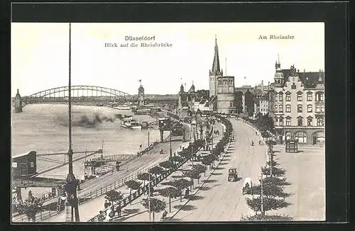 AK Düsseldorf, Blick auf die Rheinbrücke, Ladekräne und Dampfer