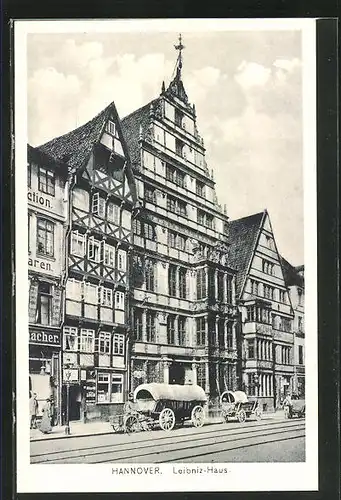 AK Hannover, Leibniz-Haus mit Geschäft und Planwagen