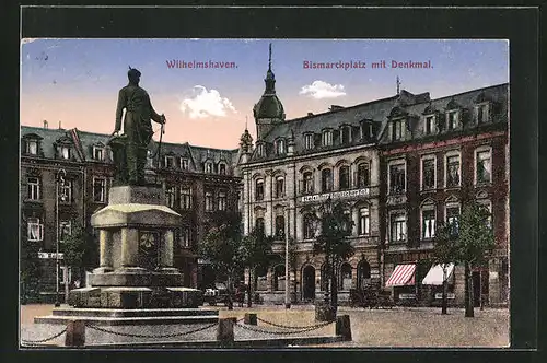AK Wilhelmshaven, Bismarckplatz mit Hotel Norddeutscher Hof & Denkmal