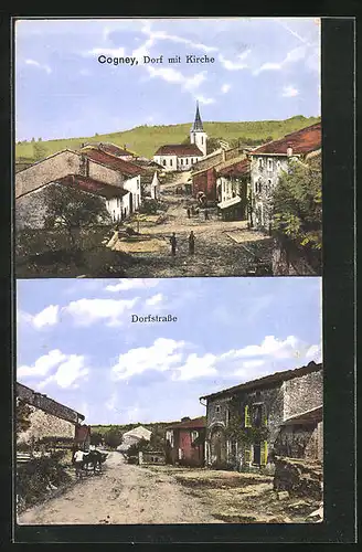 AK Gogney, Dorf mit Kirche, Dorfstrasse