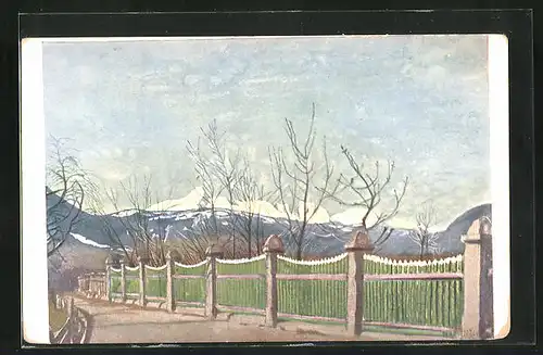Künstler-AK Partenkirchen, Strassenblick und Alpenansicht im Frühling