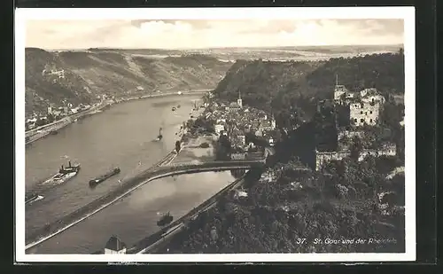 AK St. Goar, Blick auf Ort und Rhein mit Rheinfels, Flussdampfer
