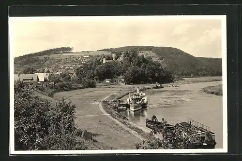 AK Polle / Weserbergland, Uferpartie mit Dampfer und Boot