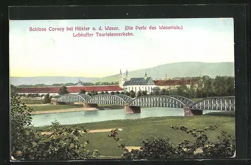 AK Höxter a. d. Weser, Schloss Corvey mit Brücke im Wesertal