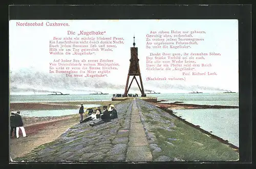 AK Cuxhaven, Spaziergänger ruhen an der Kugelbake, auslaufende Marinedampfer