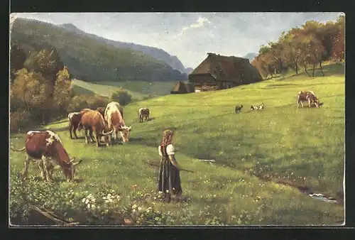 Künstler-AK Heinrich Hoffmann: Idyll mit weidender Kuhherde