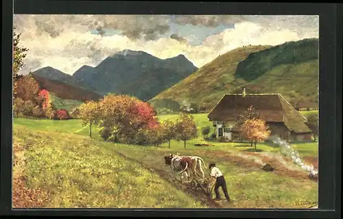 Künstler-AK Heinrich Hoffmann: Untermünsterthal, Bauer beim Pflügen, Blick zum Belchen