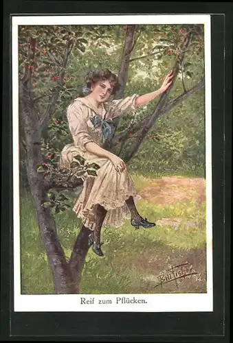 Künstler-AK Bill Fisher: Reif zum Pflücken, Mädchen auf dem Kirschbaum