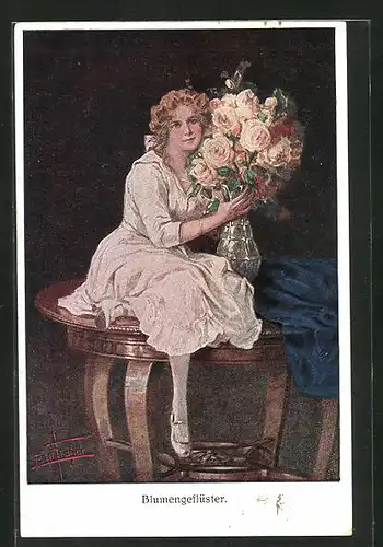 Künstler-AK Bill Fisher: Blumengeflüster, Schöne junge Frau mit Rosen in der Vase