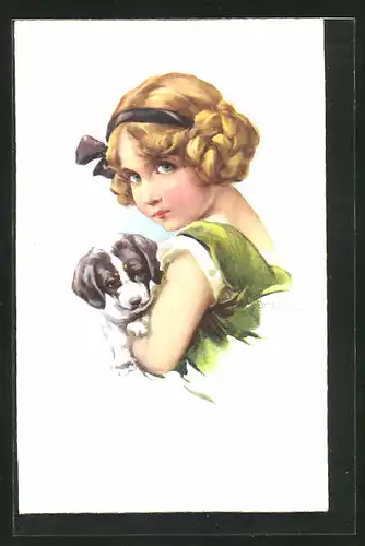 Künstler-AK Schilbach: Blondes Mädchen mit einem Hundewelpen