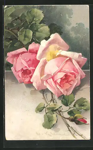 Künstler-AK Catharina Klein: zwei rosa blühende Rosen vor einem Landschaftsidyll