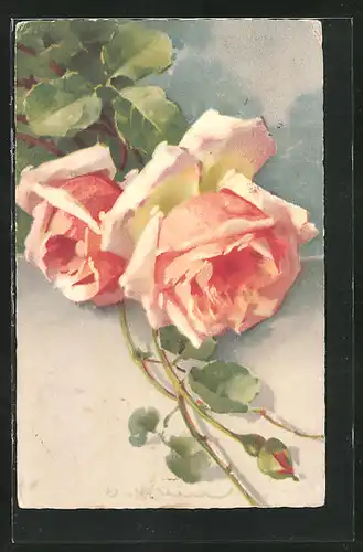 Künstler-AK Catharina Klein: schöne Rosen mit orange farbenen Blüten und Landschaftsidyll im Hintergrund