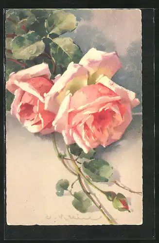 Künstler-AK Catharina Klein: schöne Rosen mit orange farbenen Blüten und Landschaftsidyll im Hintergrund