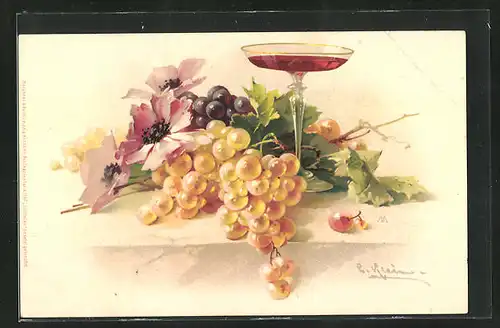 Künstler-AK Catharina Klein: Mohnblumen, Weintrauben und Weinglas auf einem Tisch