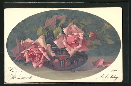Künstler-AK Catharina Klein: Rosen in einer Vase, Geburtstagsgruss