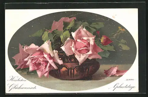 Künstler-AK Catharina Klein: Rosen in einer Vase, Geburtstagsgruss