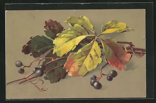 Künstler-AK Catharina Klein: Zweig mit Herbstblättern und Heidelbeeren