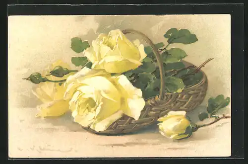 Künstler-AK Catharina Klein: Gelbe Rosen im Korb