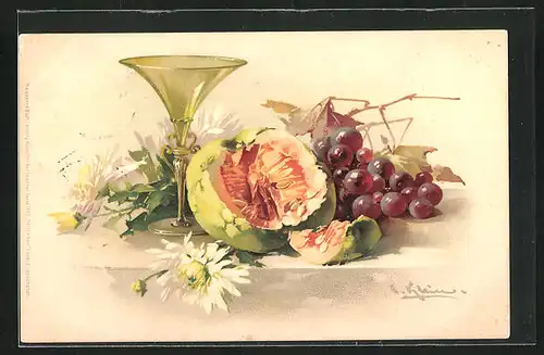 Künstler-AK Catharina Klein: Melone mit Weintrauben und Glas