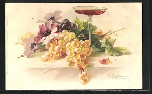 Künstler-AK Catharina Klein: Weintrauben mit Mohnblumen und Glas