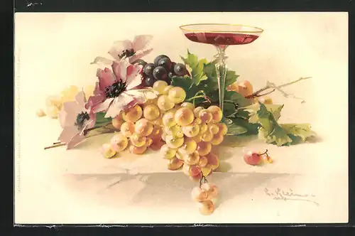 Künstler-AK Catharina Klein: Weintrauben mit Mohnblumen und Glas