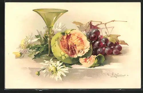 Künstler-AK Catharina Klein: Melone mit Weintrauben und Glas