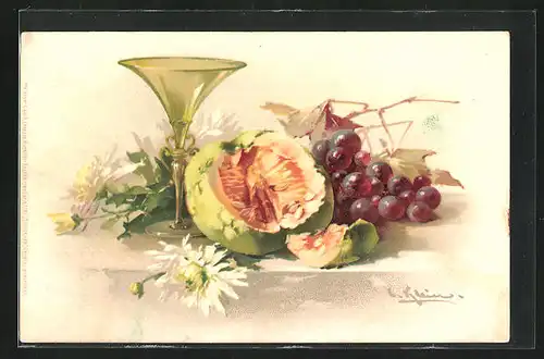 Künstler-AK Catharina Klein: Melone mit Weintrauben und Glas